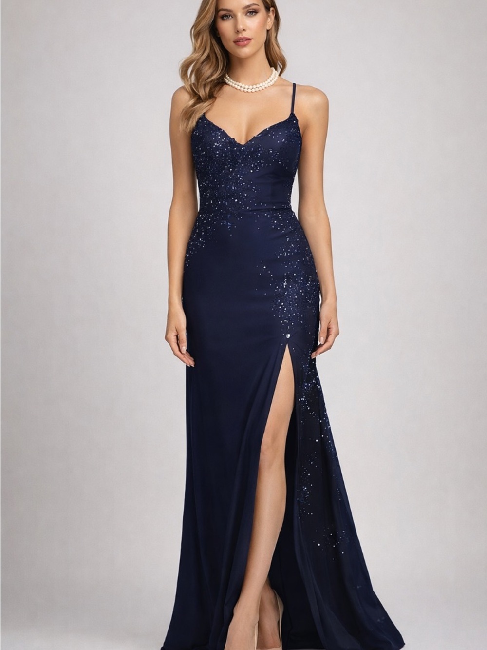 Navy Sequin Spaghetti Strap Evening Gown / Prom Dress